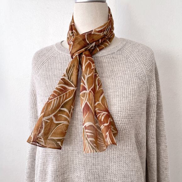 Vintage Semi Sheer Scarf Wrap Boho Fall Leaf Floral Earthy Brown Tan Green - Picture 3 of 6